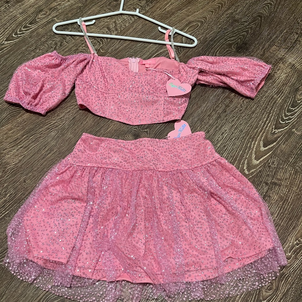 Sugar Thrillz Pink Glitter Two-Piece Crop Top & Skirt Set
